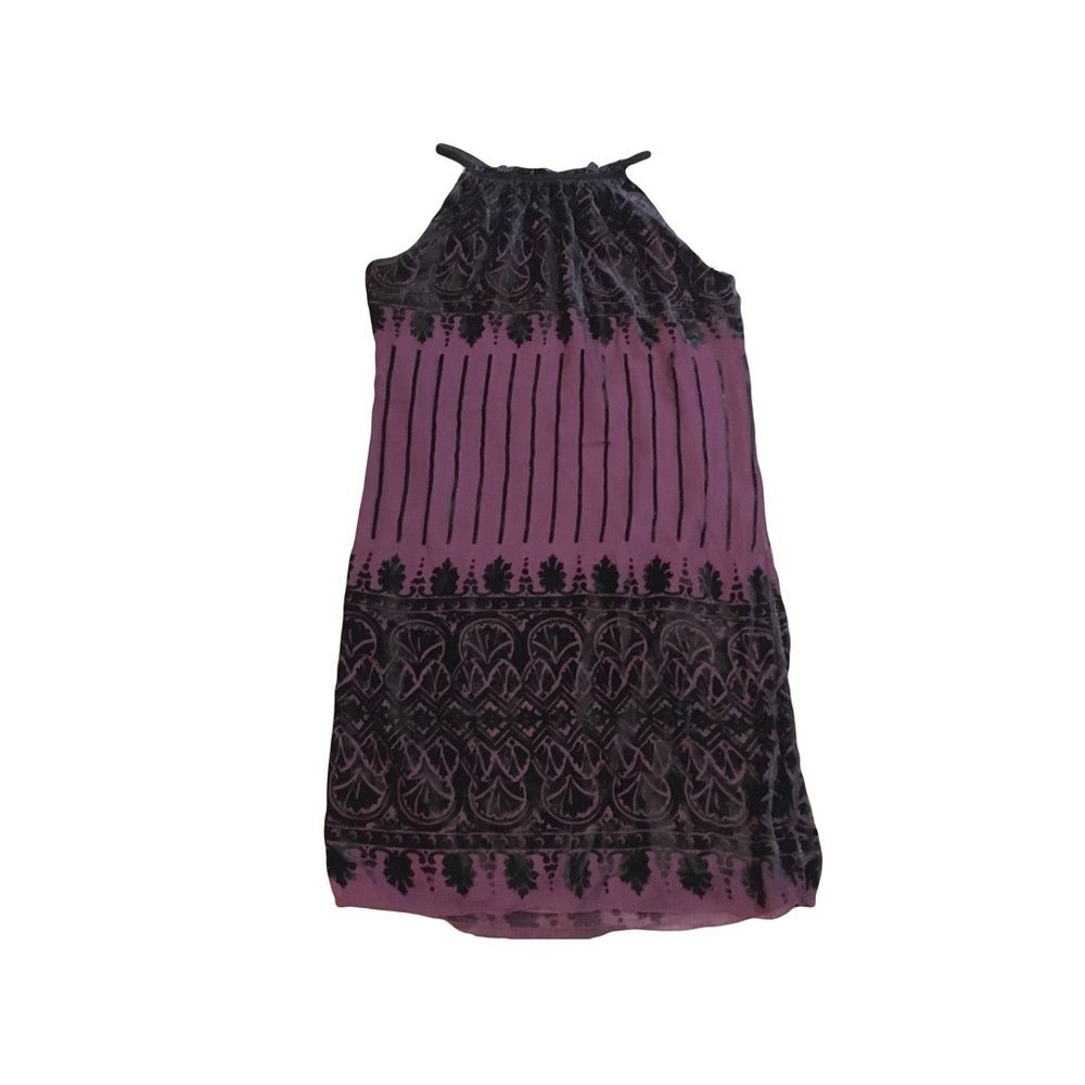 Max Studio XS Black velvet velour print on Purple chiffon mini dress high neck